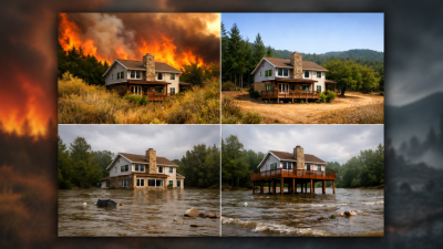 Four-panel comparison image showing the same house under different climate and disaster scenarios: a wildfire approaching the home, the home in dry conditions, severe flooding surrounding the home, and an elevated flood-resilient version of the home standing above rising water. The collage illustrates climate risk, resilience, and adaptation strategies for residential infrastructure.