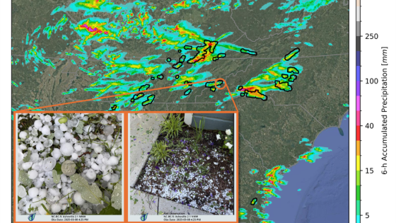 Forecast map showing heavy rainfall and hail across parts of the southeastern United States, with inset photos of large hailstones in North Carolina.